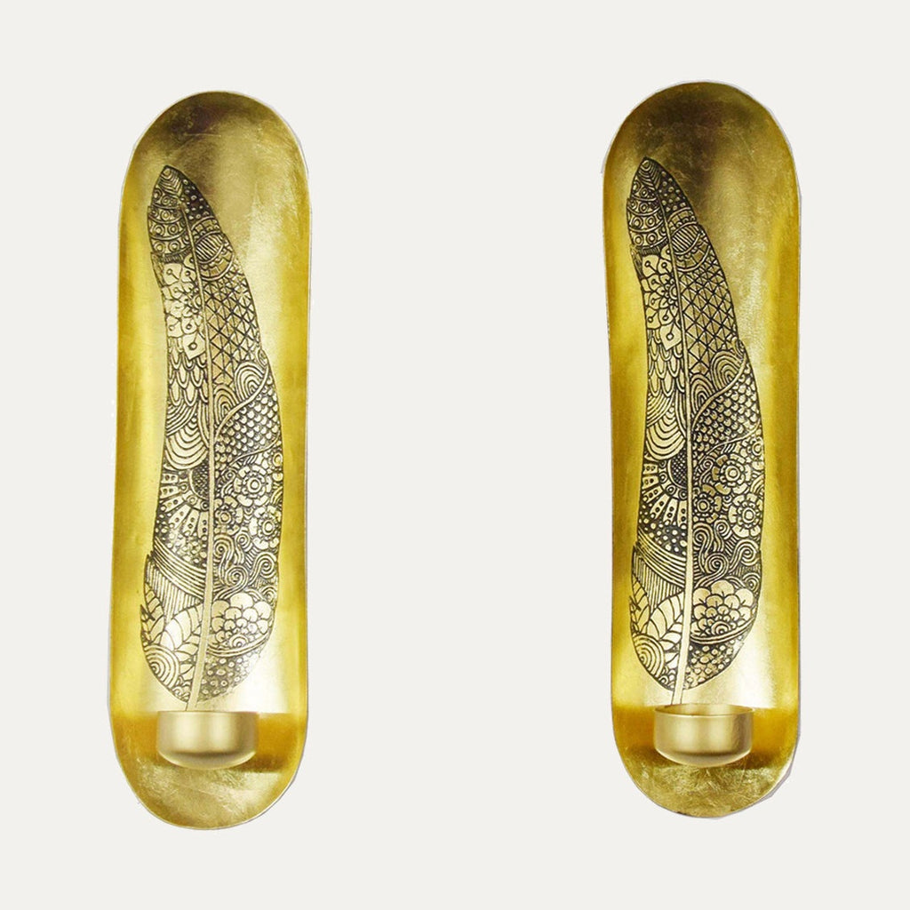 Gilded Ornate Feathered Wall Sconces Pair | Decozen