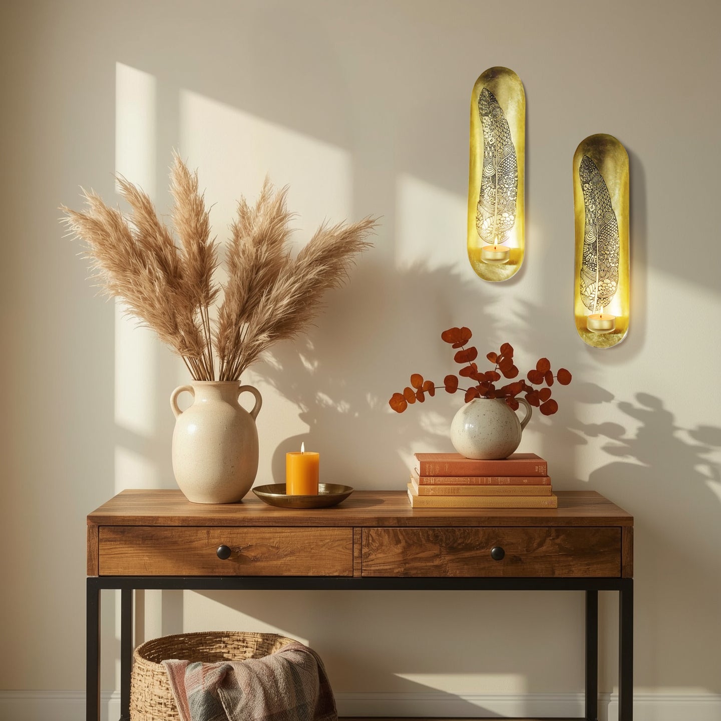 Gilded Ornate Feathered Wall Sconces Pair | Decozen