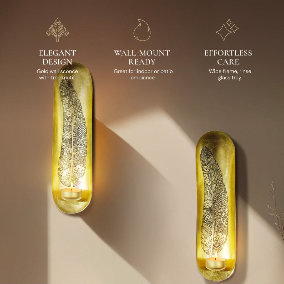 Gilded Ornate Feathered Wall Sconces Pair | Decozen