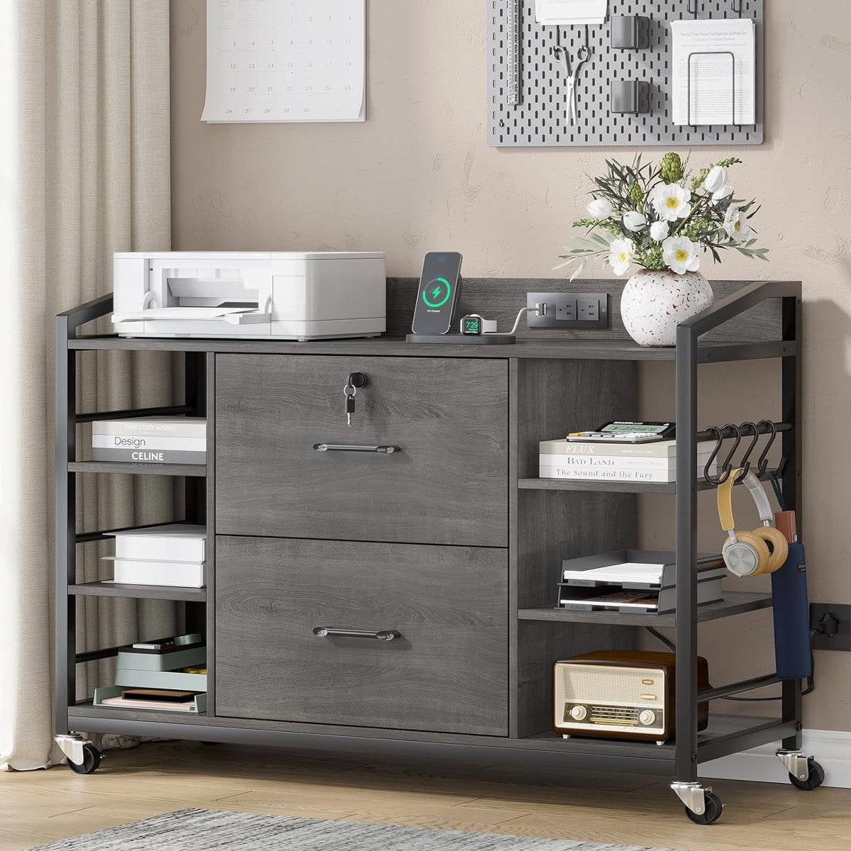 Grey Printer Stand Bookcase Power Station Mobile Office File Cabinet by HomePacific