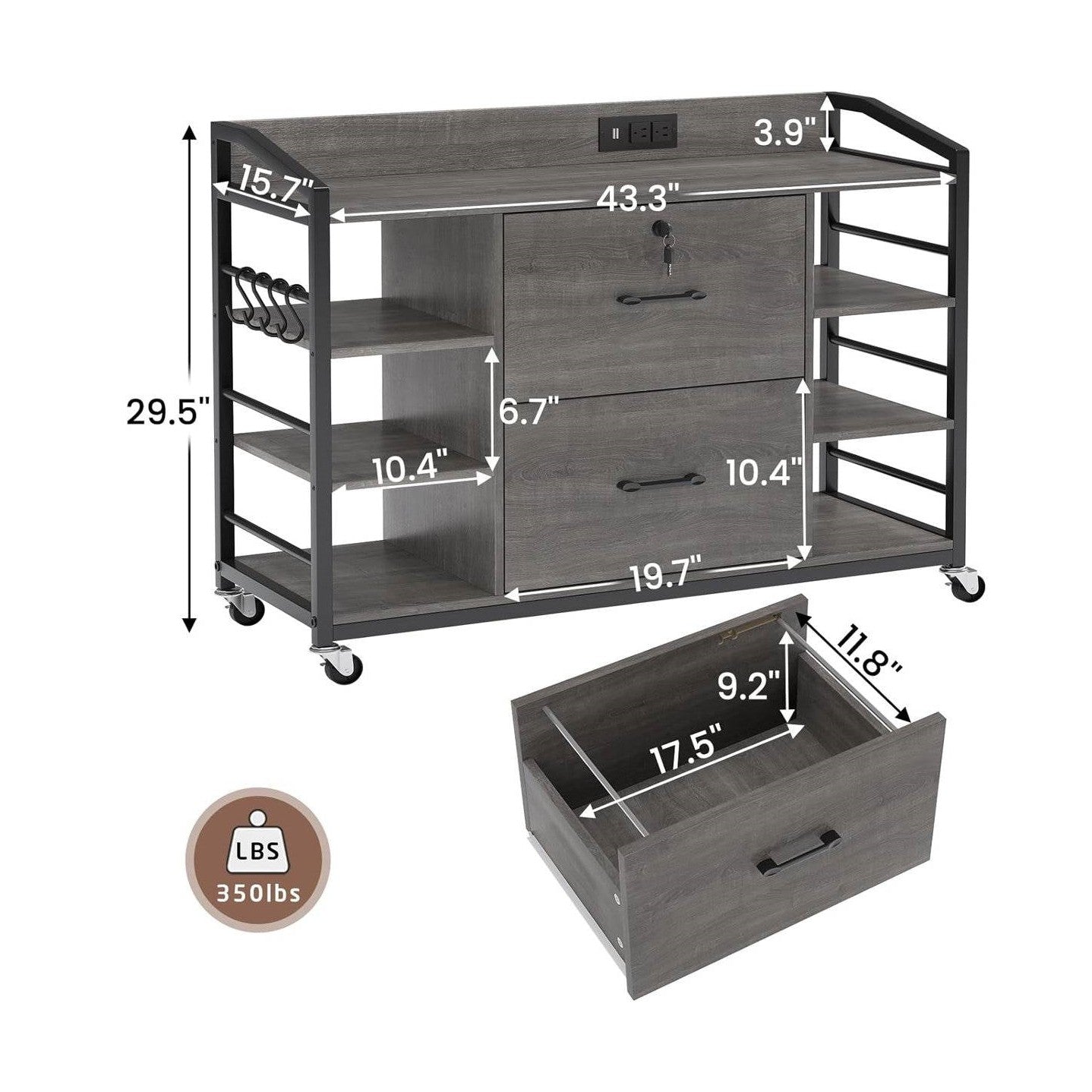 Grey Printer Stand Bookcase Power Station Mobile Office File Cabinet by HomePacific