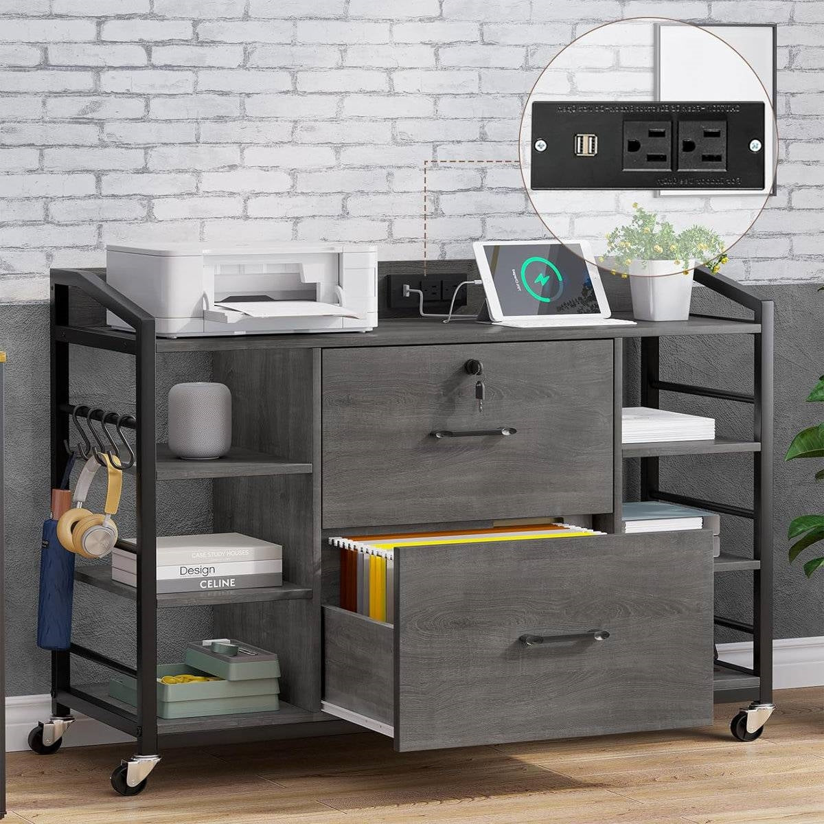Grey Printer Stand Bookcase Power Station Mobile Office File Cabinet by HomePacific