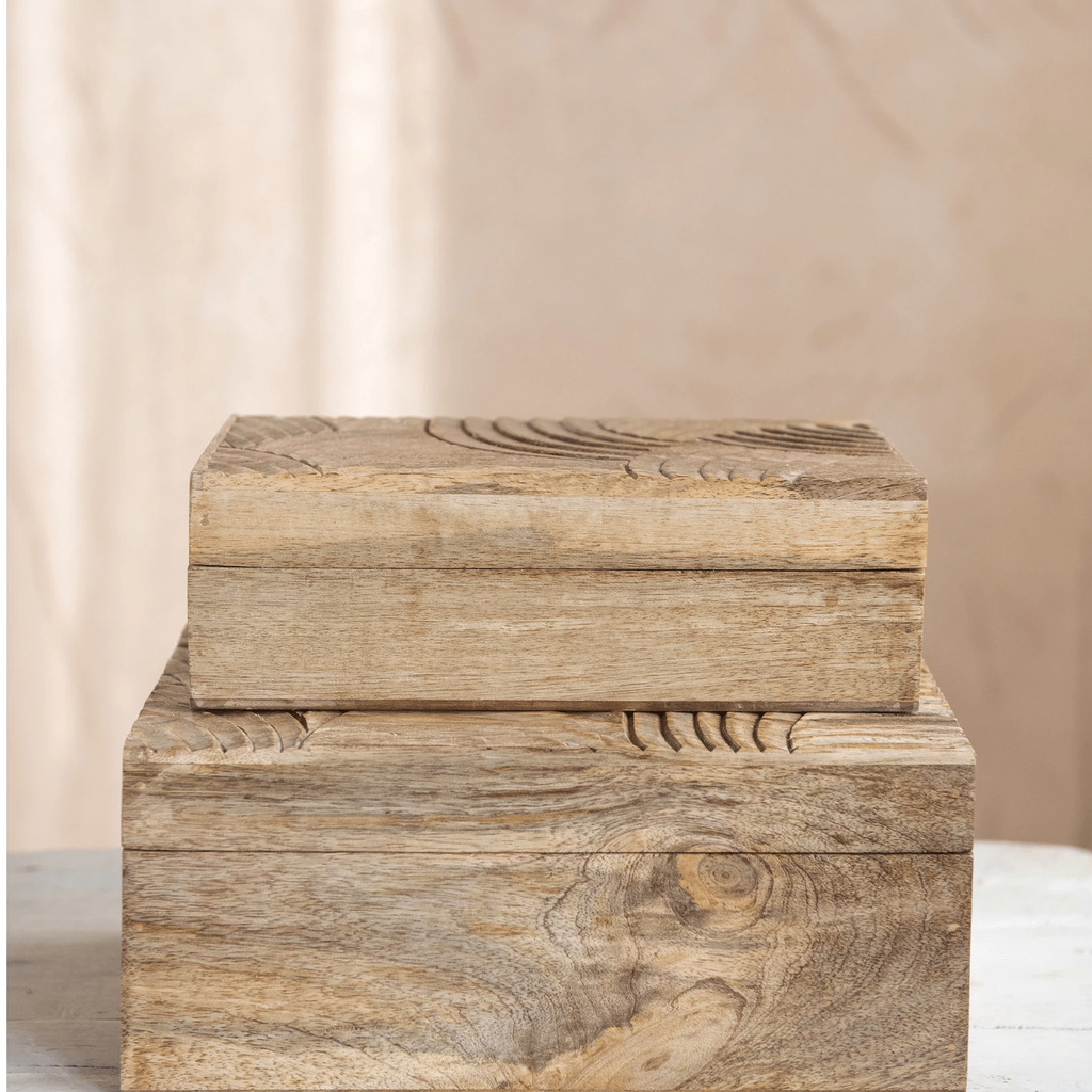 Hand-Carved Mango Wood Storage Boxes, Set of 2
