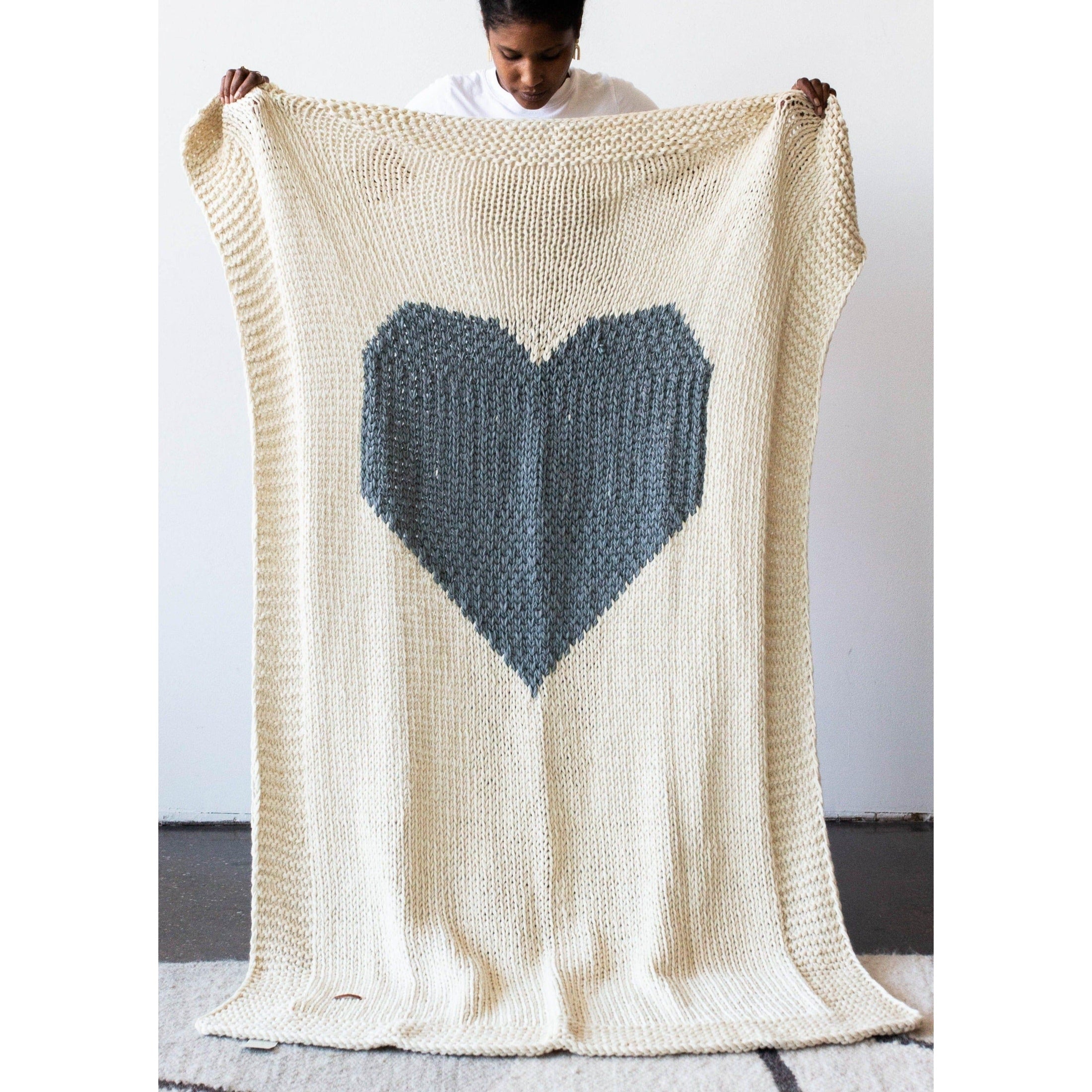 Hand-Knitted Merino Wool Heart Throw Blanket