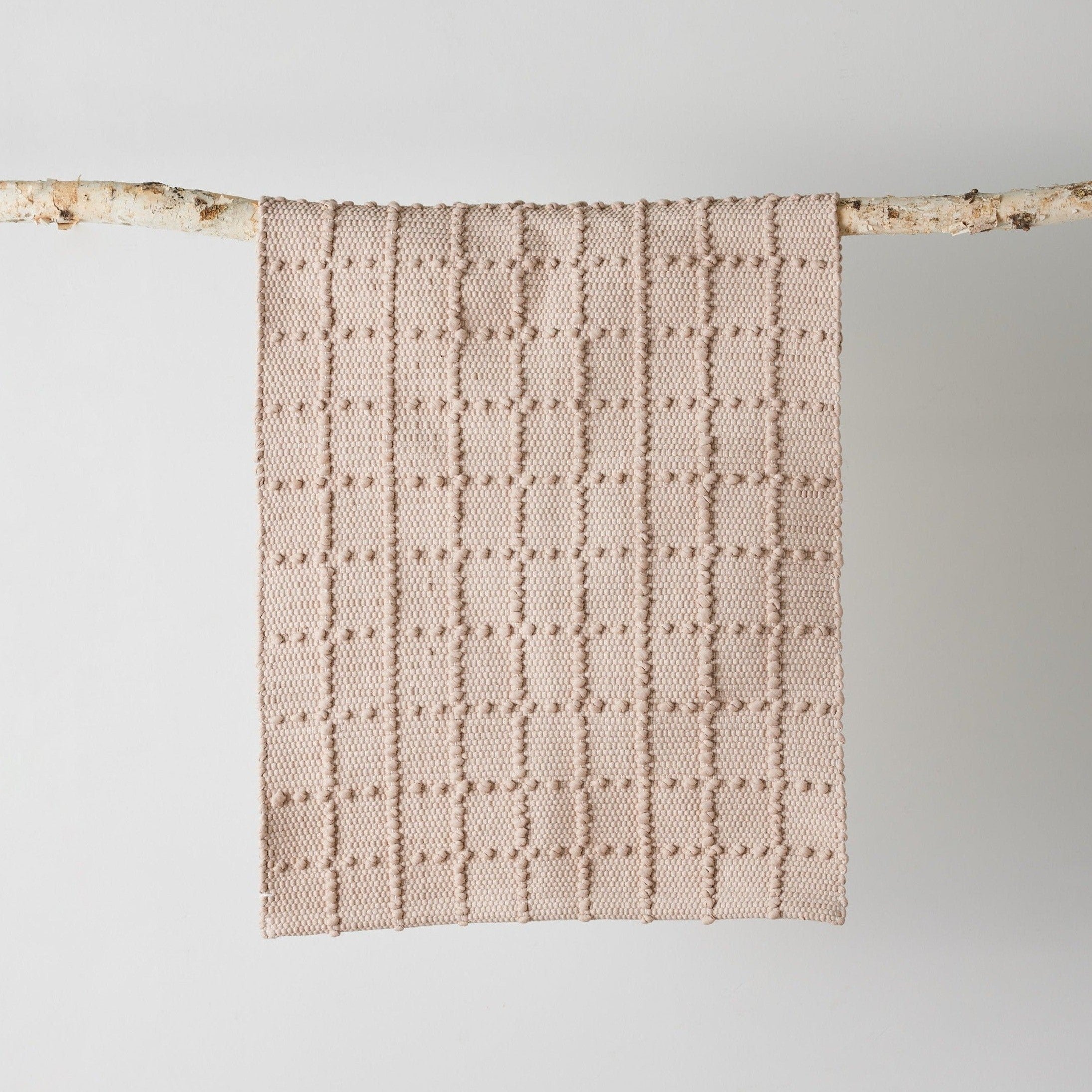 Blush Pink Plaid Hand-Loomed Cotton Bobble Mat