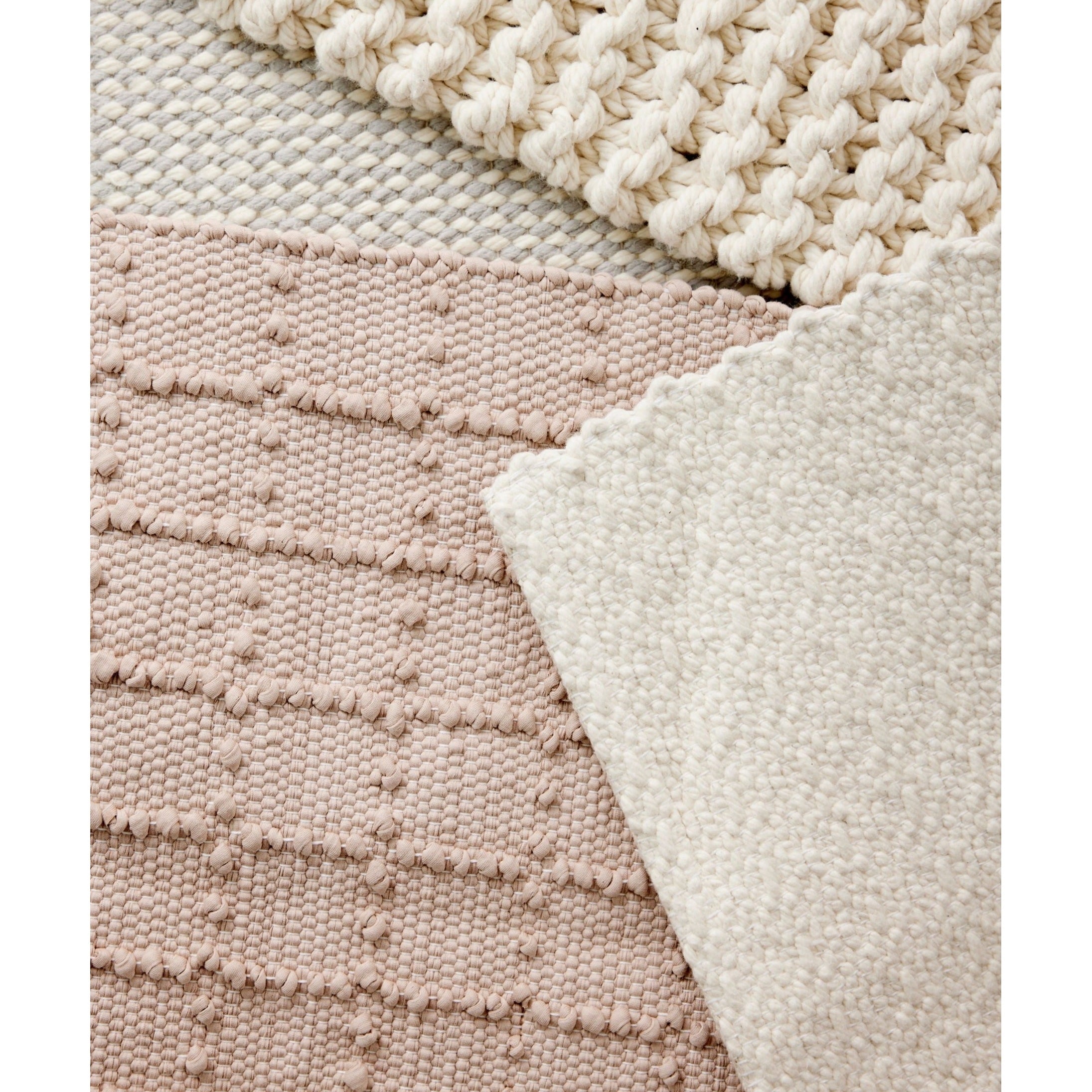 Blush Pink Plaid Hand-Loomed Cotton Bobble Mat