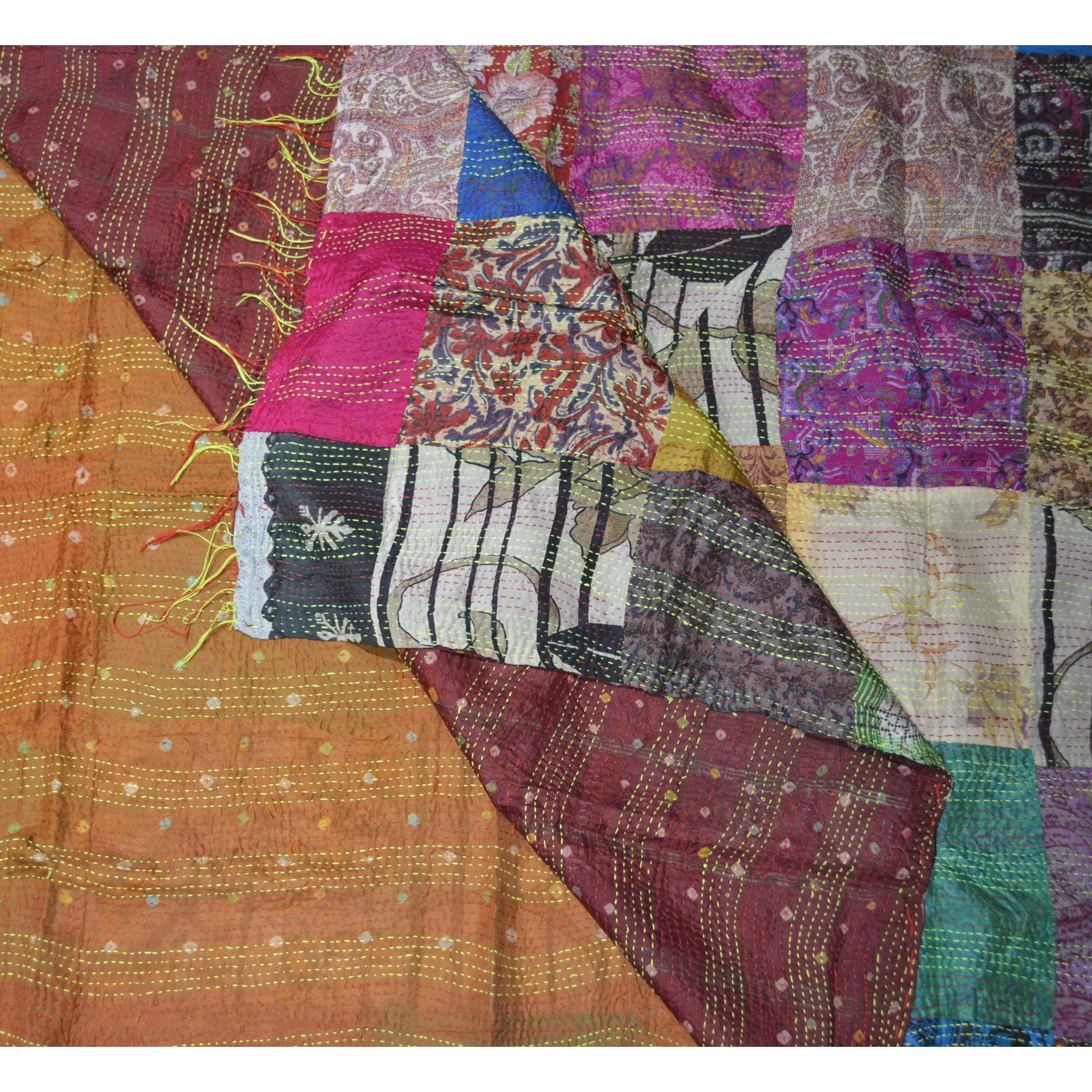 Hand Stitched Kantha Silk Throw Vintage | DC-OMSutra