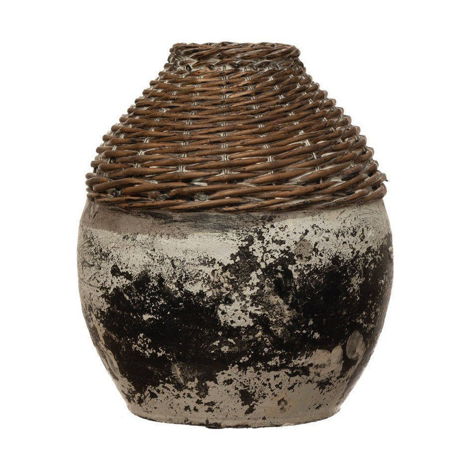 Hand-Woven Rattan & Clay Vase, Distressed