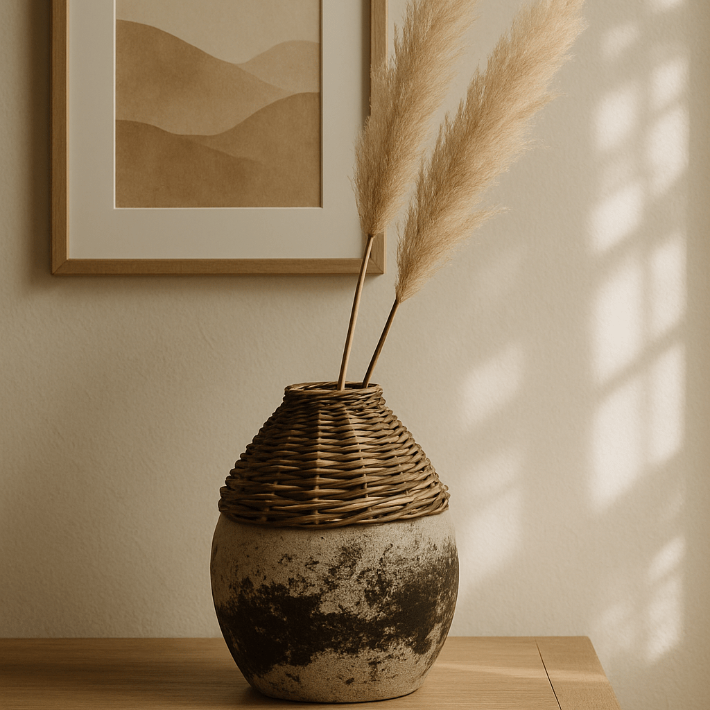 Hand-Woven Rattan & Clay Vase, Distressed