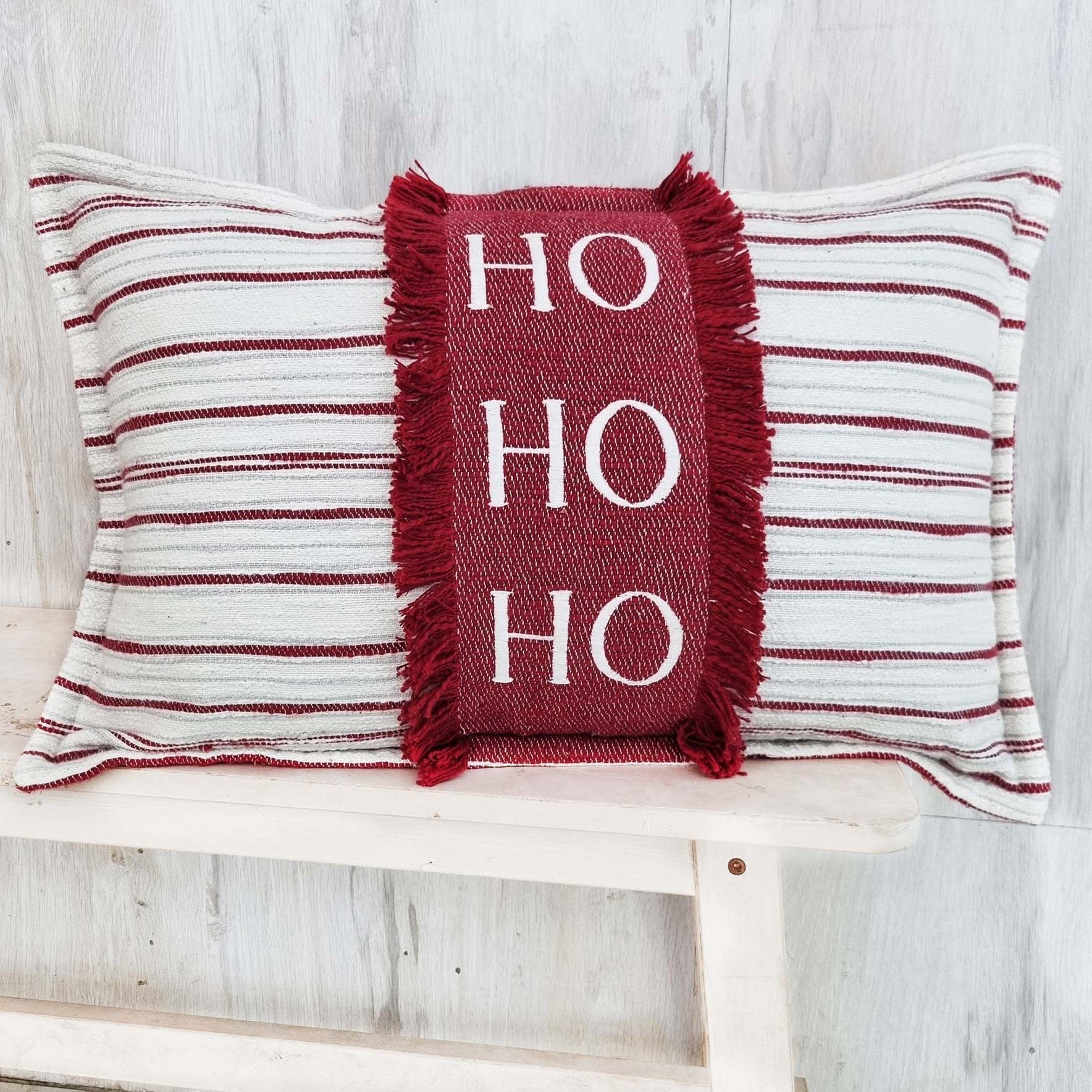 Handcrafted Embroidered Cotton HoHoHo Throw Pillow | Vibhsa
