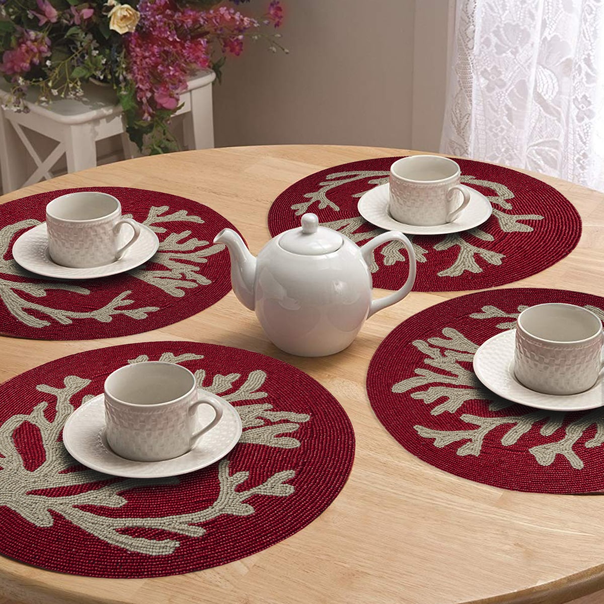 Handmade Beaded Round Placemat Satin Backing | Decozen
