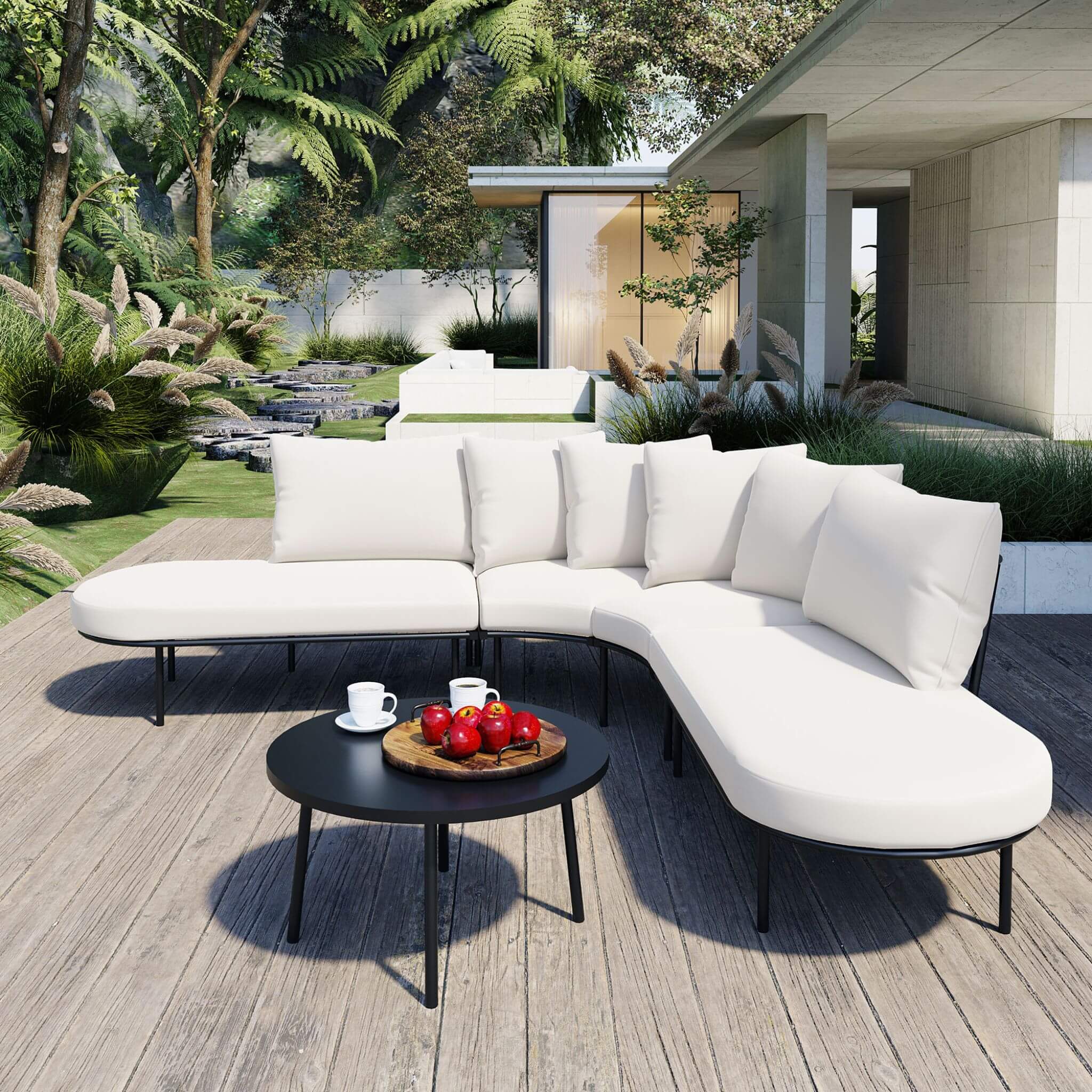 Alora Premium Half- Moon 6-Person Curved All-Weather Outdoor Furniture Sofa Patio Set With Coffee Table And Cushions (SAK76332) by SAKSBY WHOLESALE