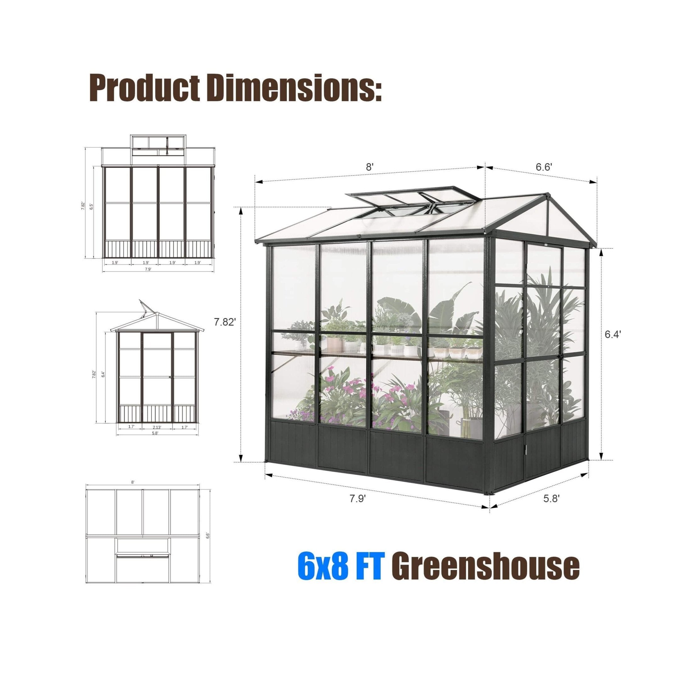 [06X08FT] Heavy-Duty Outdoor Polycarbonate Greenhouse With Fully Automatic Temperature Control Vent (SAK51892) by SAKSBY WHOLESALE