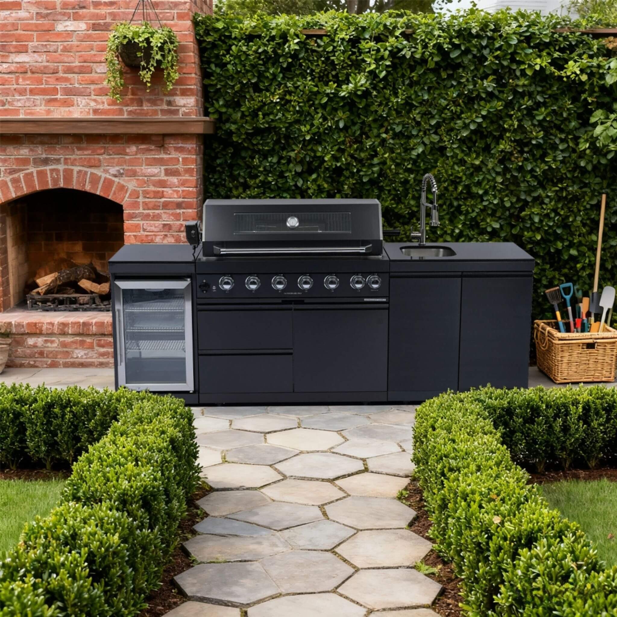 Castelle Flame 43-Inch 6-Burner 85K BTU Stainless Steel Outdoor BBQ Kitchen Island Grill With Wine Cooler, Rotisserie, And Sink (SAK19476) by SAKSBY WHOLESALE