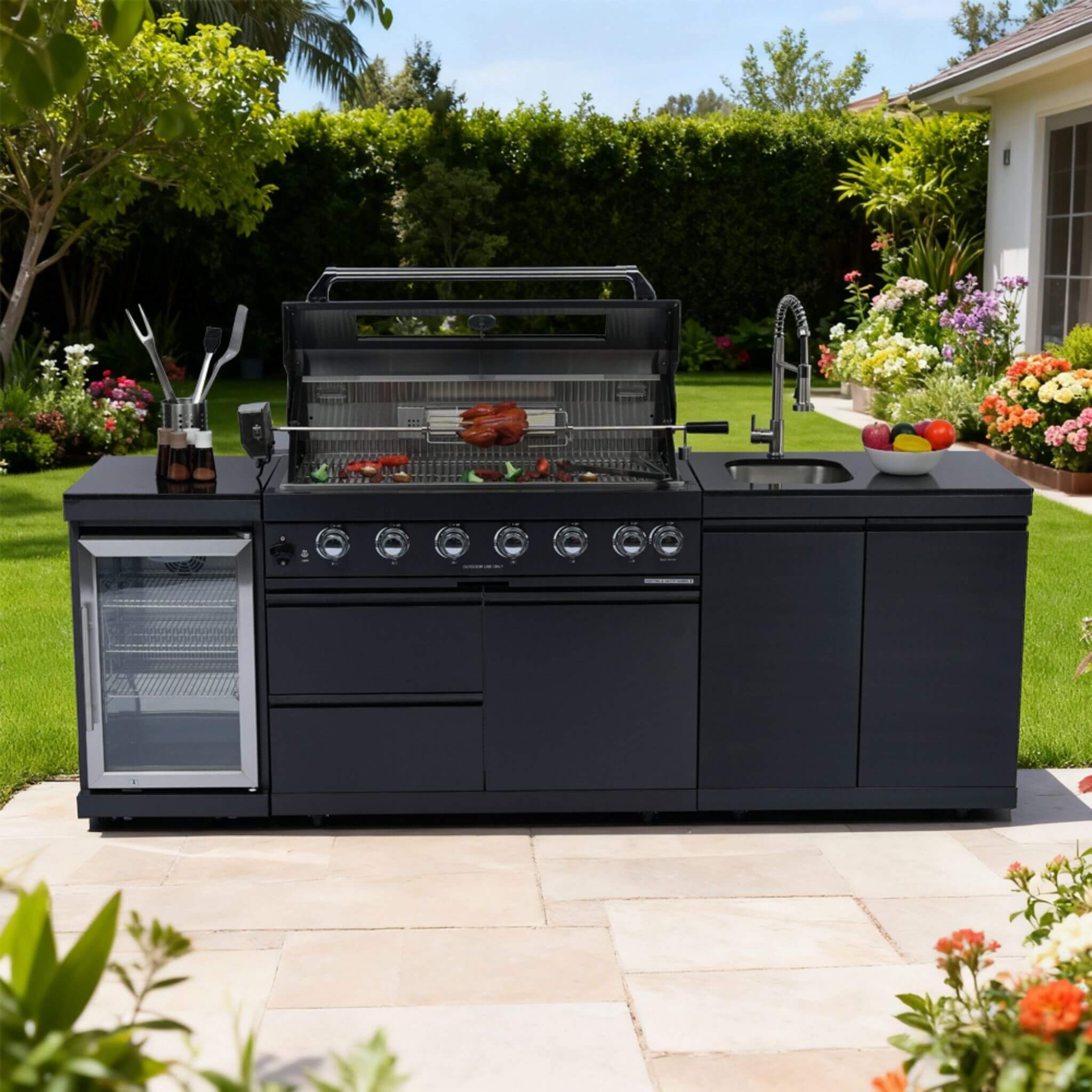 Castelle Flame 43-Inch 6-Burner 85K BTU Stainless Steel Outdoor BBQ Kitchen Island Grill With Wine Cooler, Rotisserie, And Sink (SAK19476) by SAKSBY WHOLESALE