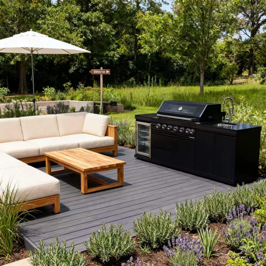 Castelle Flame 43-Inch 6-Burner 85K BTU Stainless Steel Outdoor BBQ Kitchen Island Grill With Wine Cooler, Rotisserie, And Sink (SAK19476) by SAKSBY WHOLESALE
