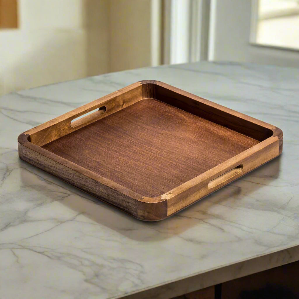Kalmar Home Square Acacia Wood Serving Tray 14x14 Durable Finish by Kalmar Home