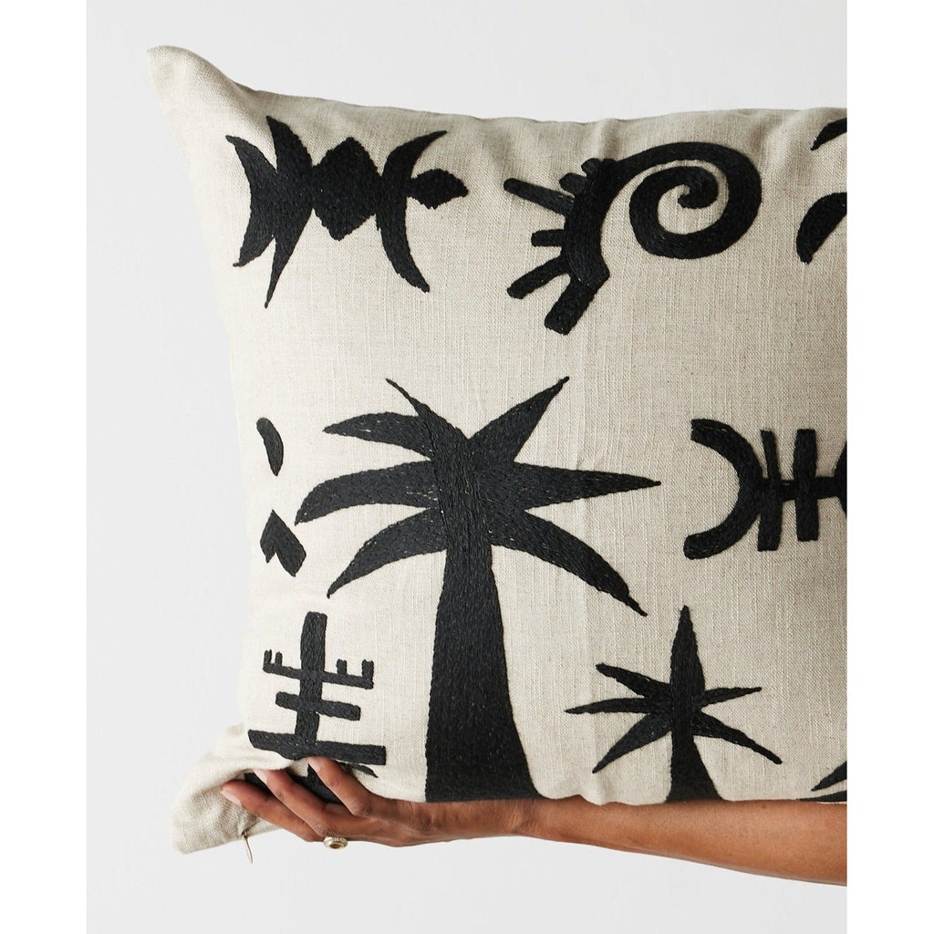 Keiskamma Black Linen & Silk Embroidered Throw Pillow