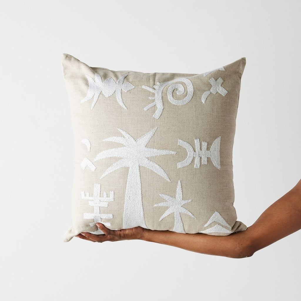 Keiskamma Natural White Linen & Silk Embroidered Throw Pillow
