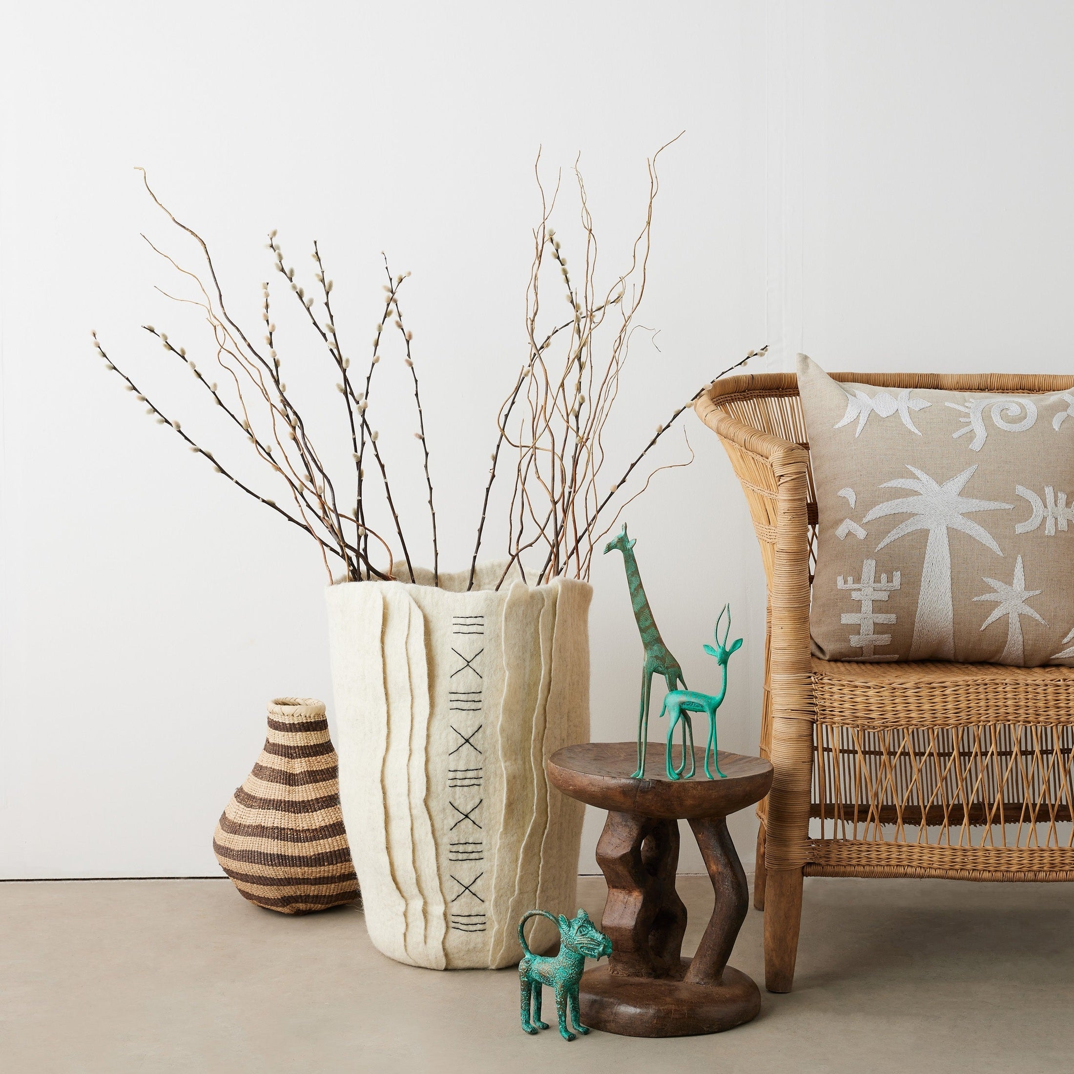 Keiskamma Natural White Linen & Silk Embroidered Throw Pillow