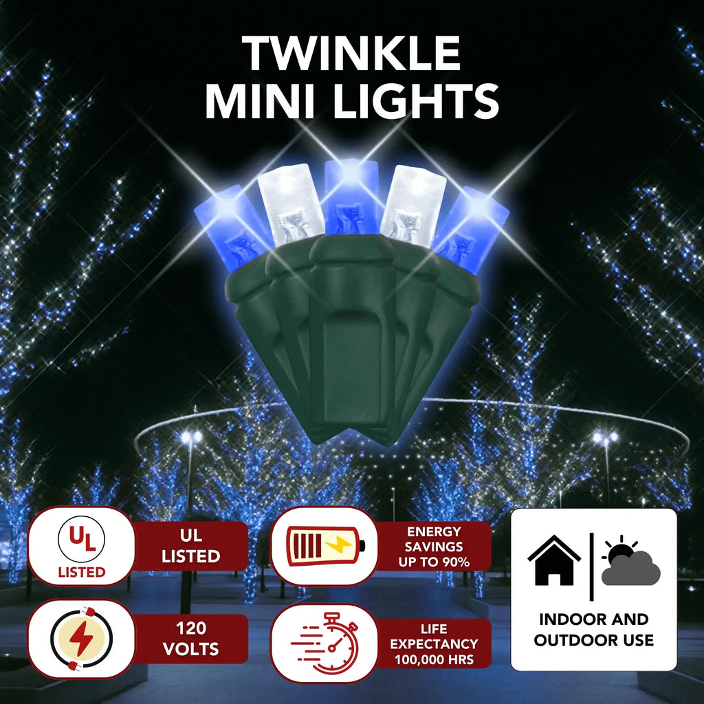 LED Mini Lights 5MM Blue/Cool White Twinkle - 6" Spacing