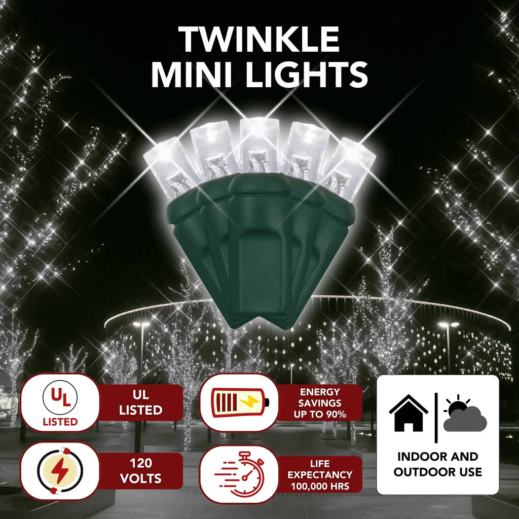 LED Mini Lights 5MM Cool White Twinkle Green Wire  6" Spacing