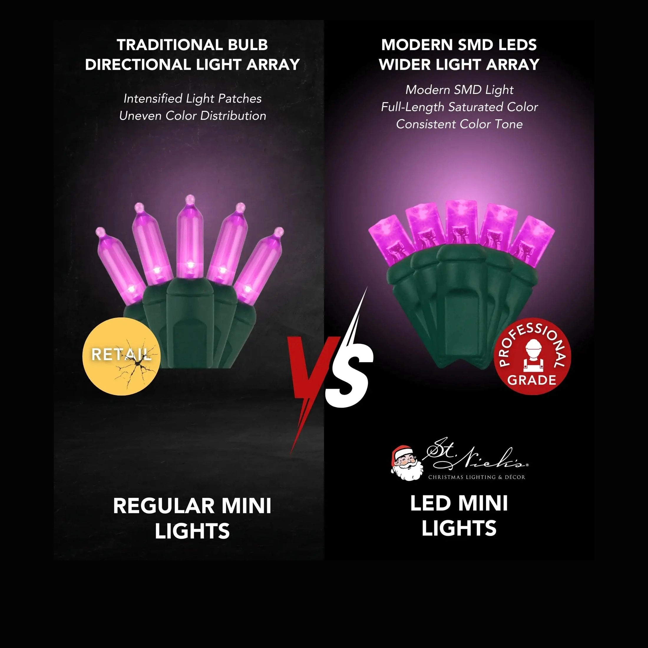 LED Mini Lights 5MM Pink Static Green Wire 6" Spacing