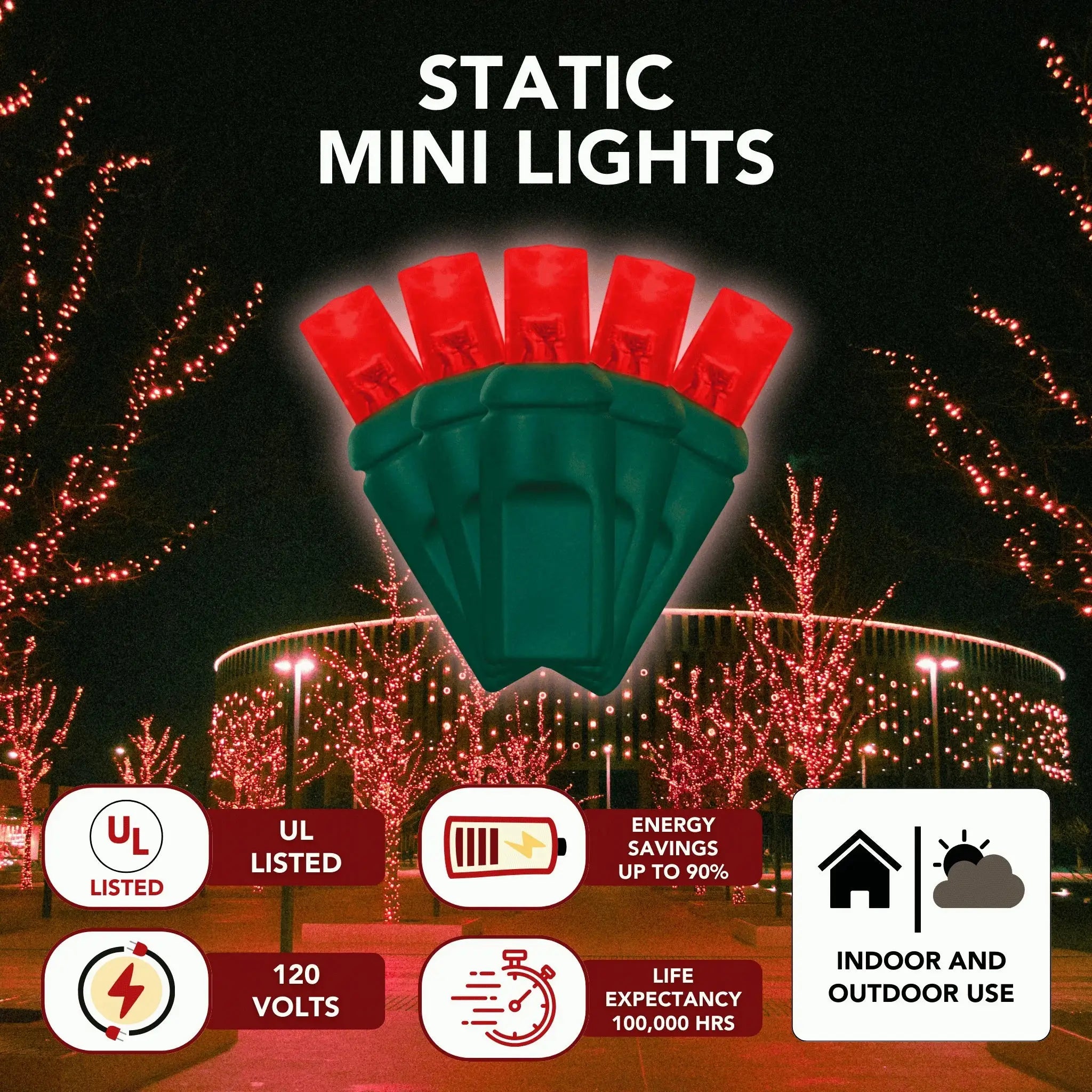 LED Mini Lights 5MM Red Static Green Wire 6" Spacing