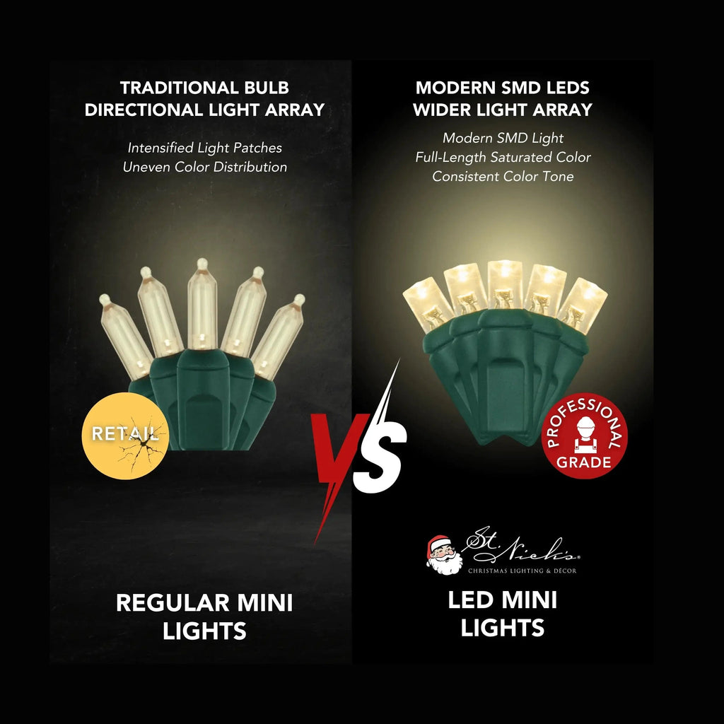 LED Mini Lights 5MM Warm White Static Green Wire 4" Spacing