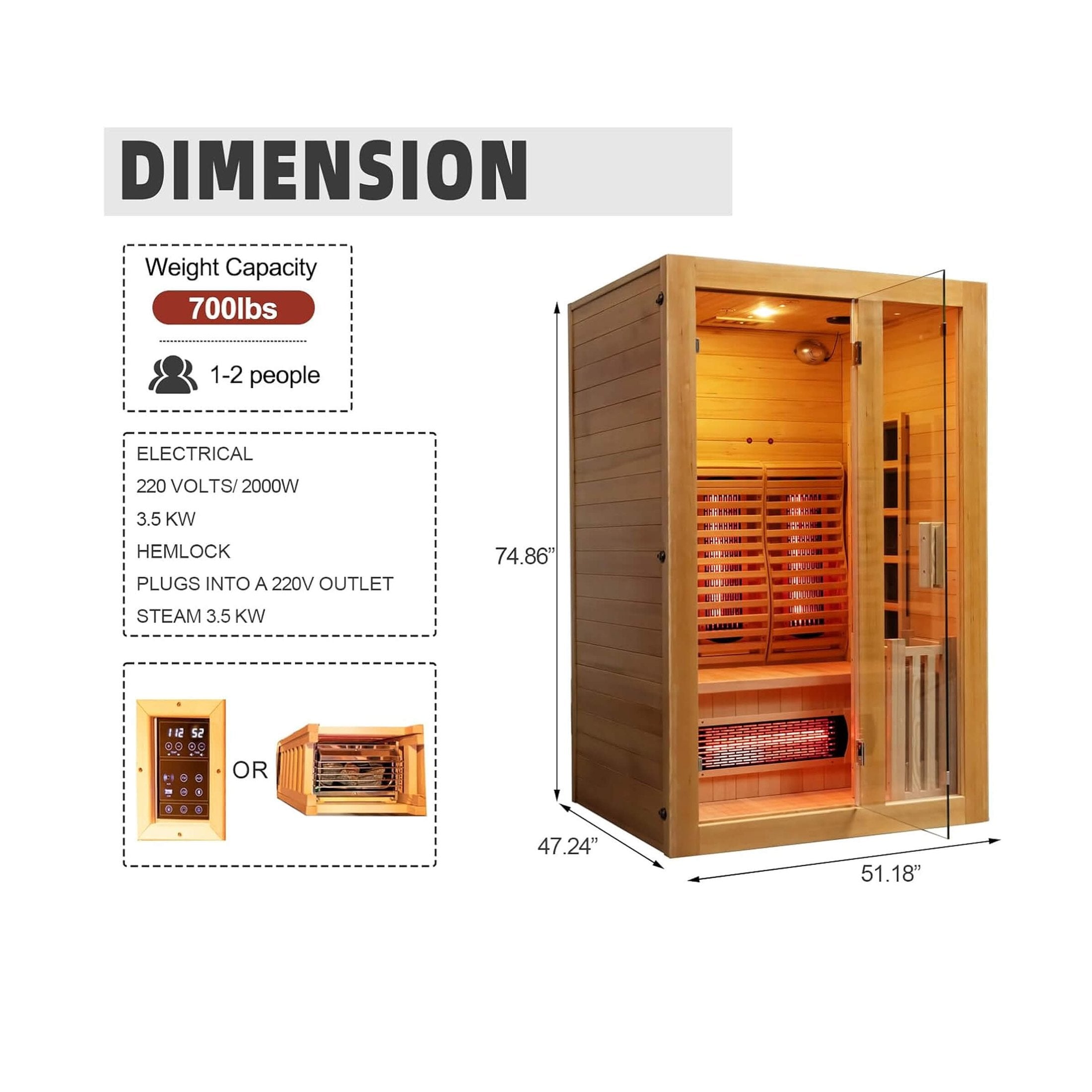 Rövia Luma 2-Person Indoor Hybrid Sauna Room With Infrared And 3.5KW Steam Heaters (SAK83750) by SAKSBY WHOLESALE