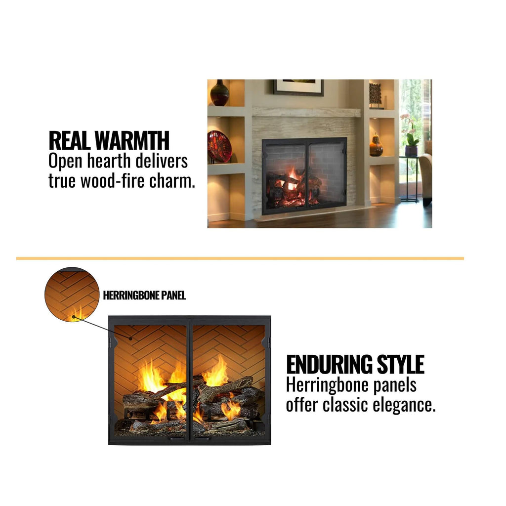 Majestic Herringbone Industrial-Style Open Wood-Burning Fireplace | SAKSBY WHOLESALE