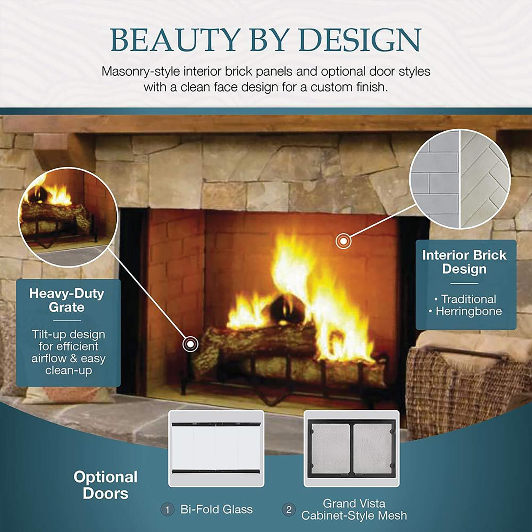 Majestic Herringbone Industrial-Style Open Wood-Burning Fireplace | SAKSBY WHOLESALE