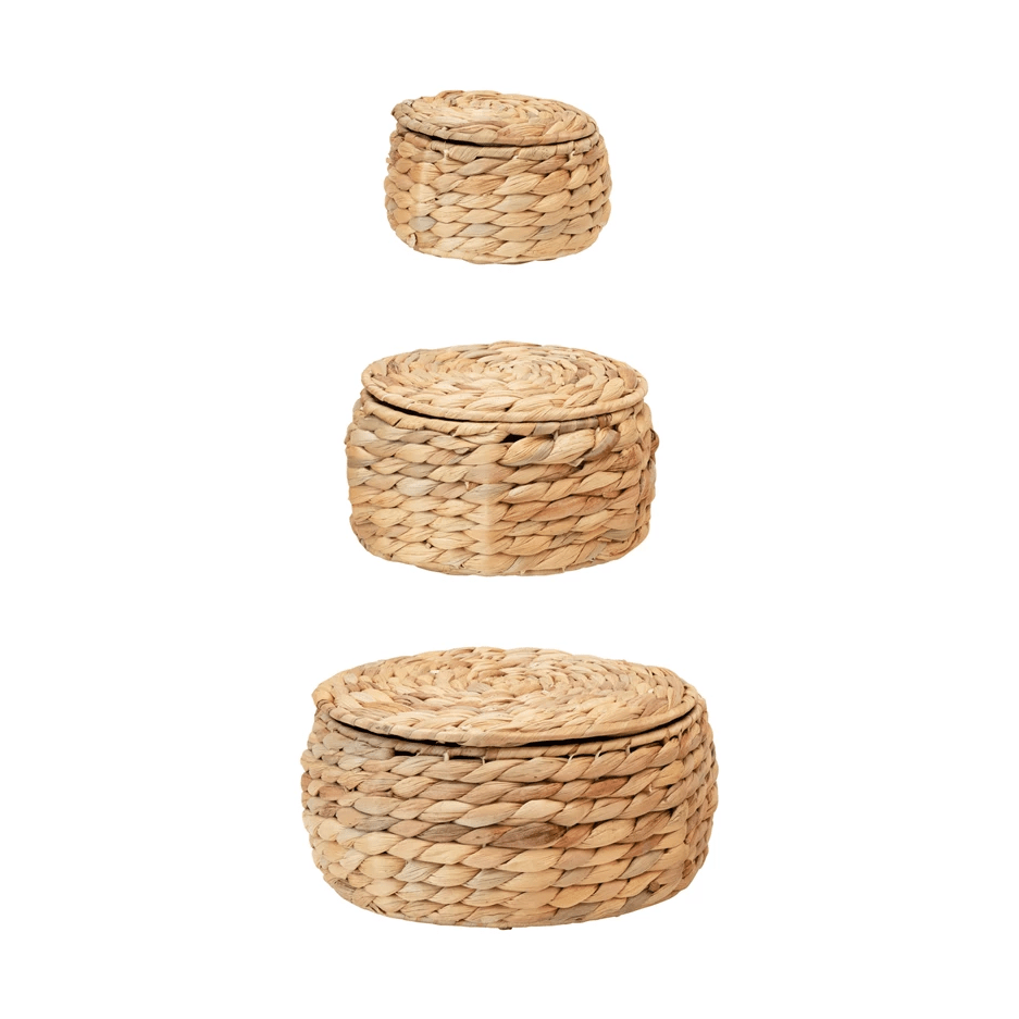 Natural Water Hyacinth Storage Baskets with Lids, Set of 3