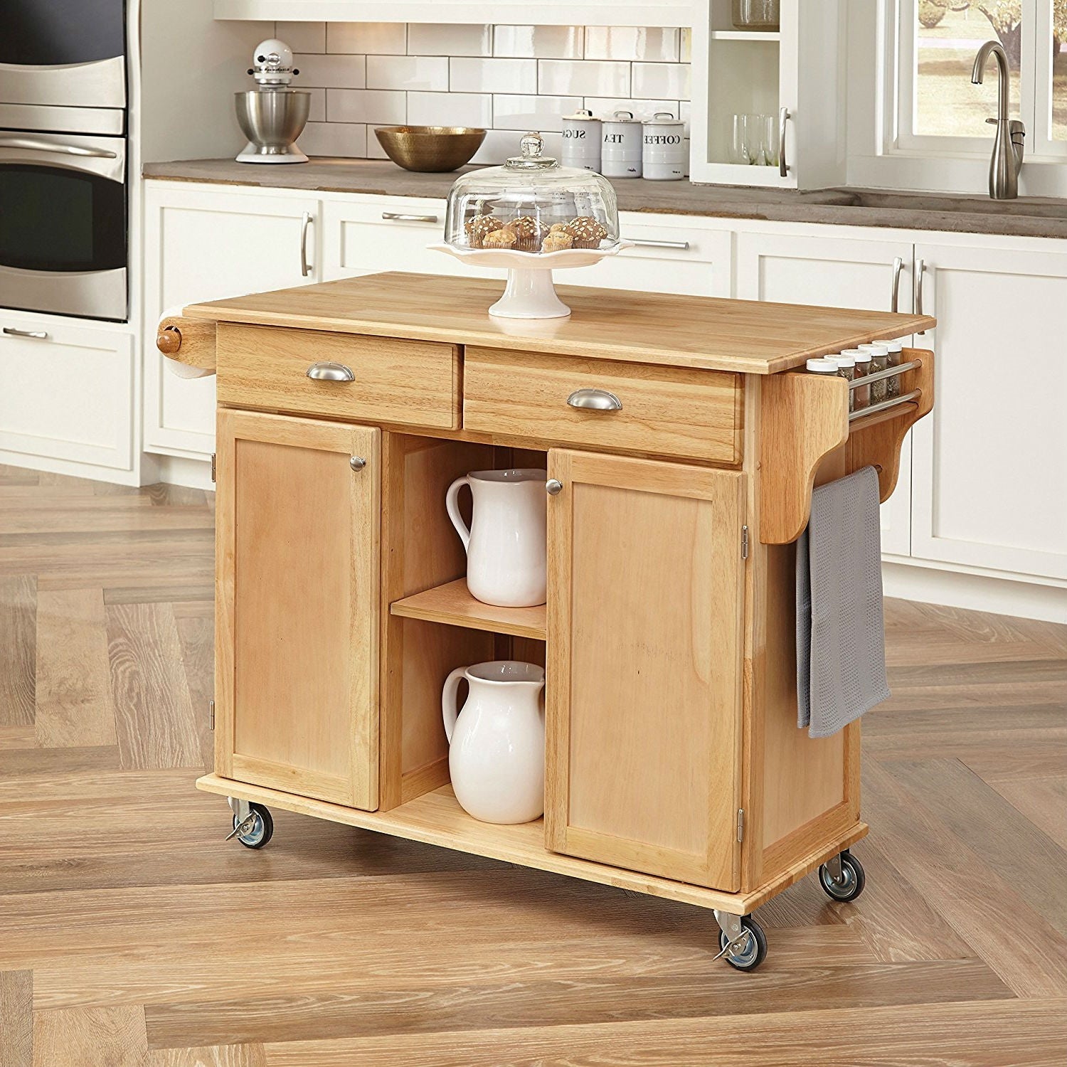 Natural Wood Finish Kitchen Island Cart With Locking Casters by HomePacific