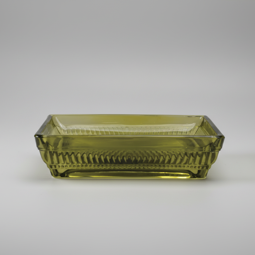 Olive Green Glass Soap Dish – Rectangular with Patterned Rim
