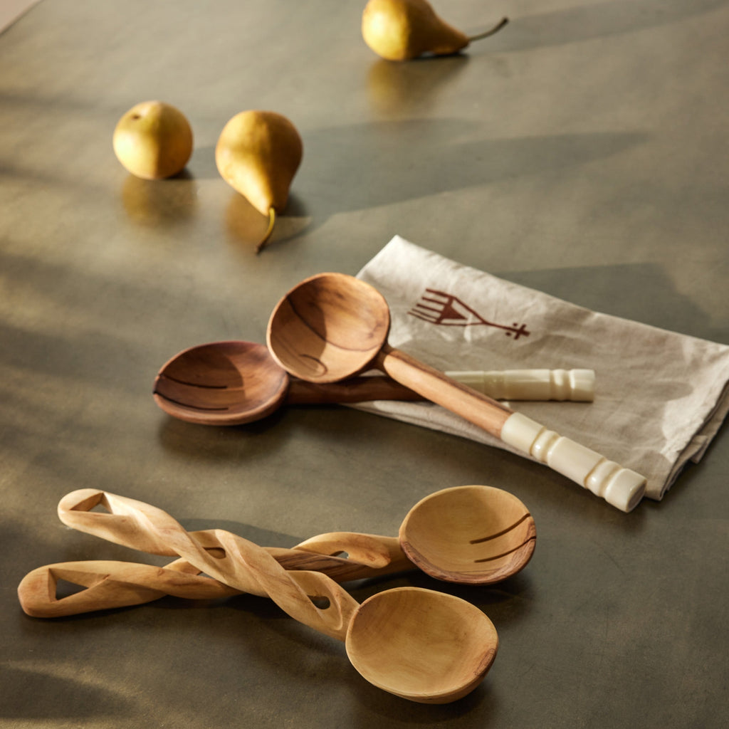 Olive Wood Salad Servers with Polished Bone Handles