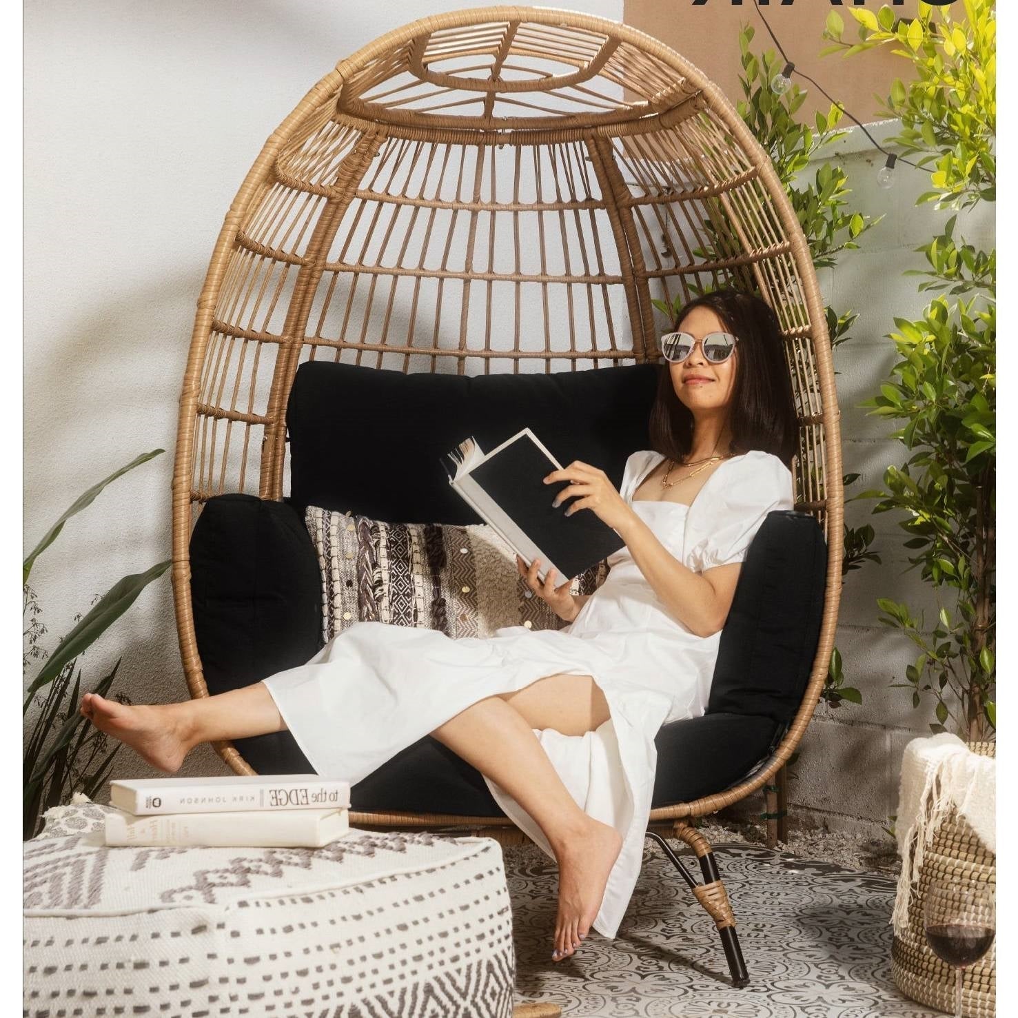 Oversized Patio Lounger Indoor/Outdoor Wicker Egg Chair Black by HomePacific