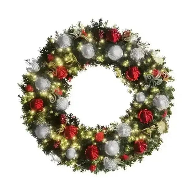 Pre-Decorated Christmas Wreath with Warm White Lights Red/White/Silver