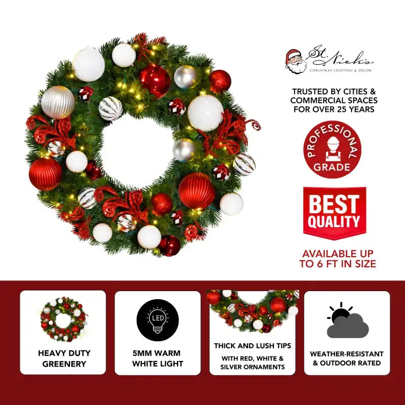 Pre-Decorated Christmas Wreath with Warm White Lights Red/White/Silver