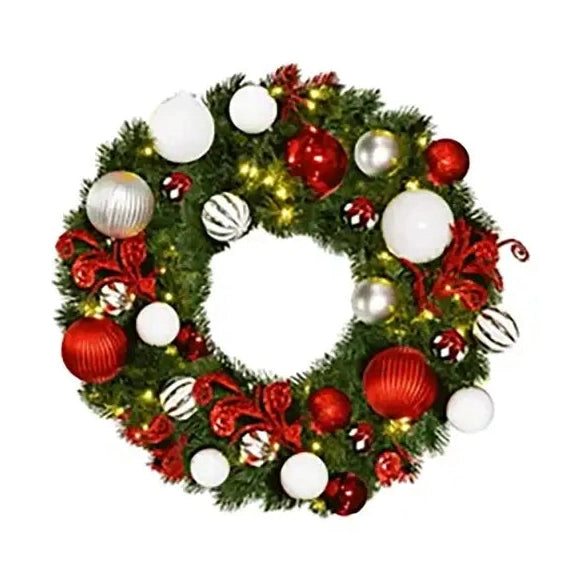 Pre-Decorated Christmas Wreath with Warm White Lights Red/White/Silver