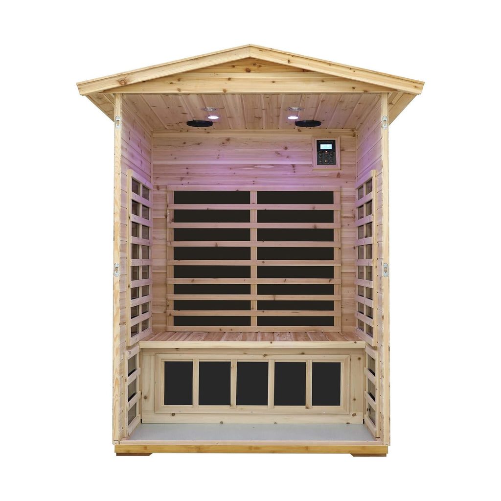PremiumHemlock OutdoorInfrared SaunaDeluxe 2-Person Bluetooth Chromotherapy | SAKSBY WHOLESALE