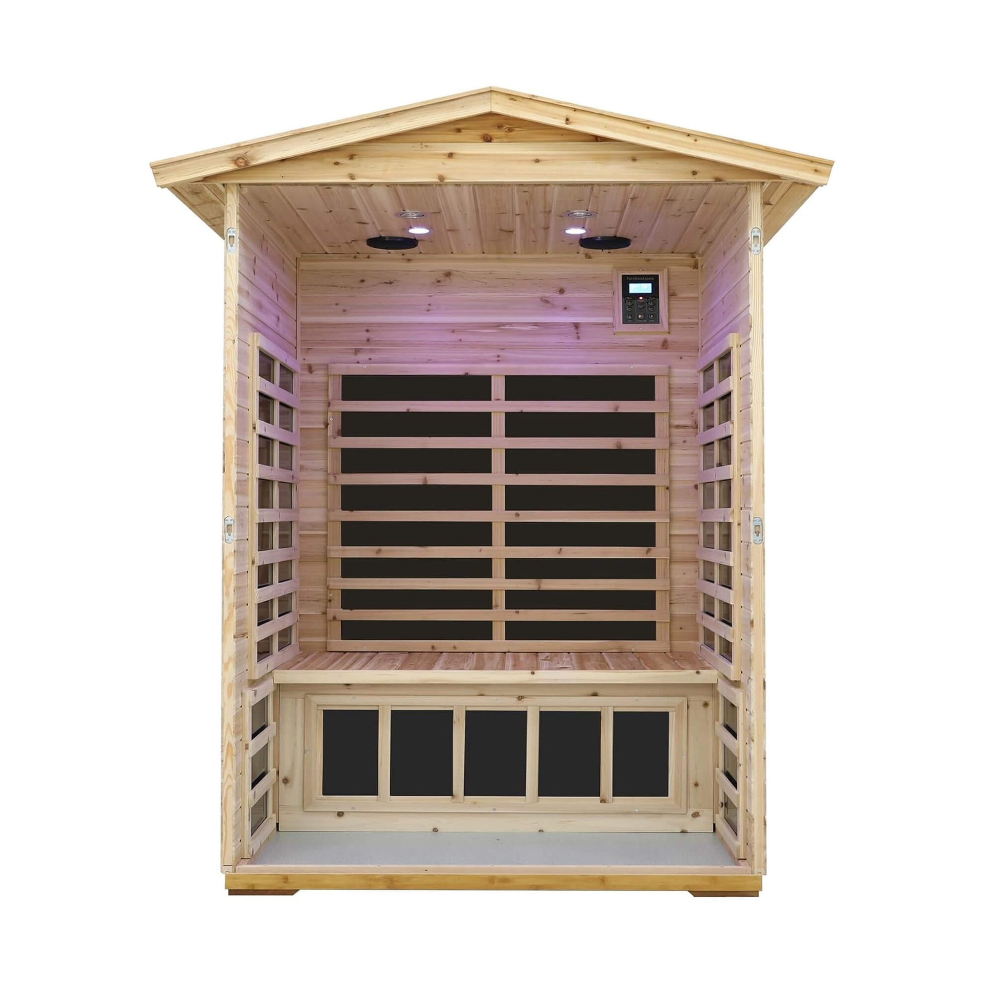 PremiumHemlock OutdoorInfrared SaunaDeluxe 2-Person Bluetooth Chromotherapy | SAKSBY WHOLESALE