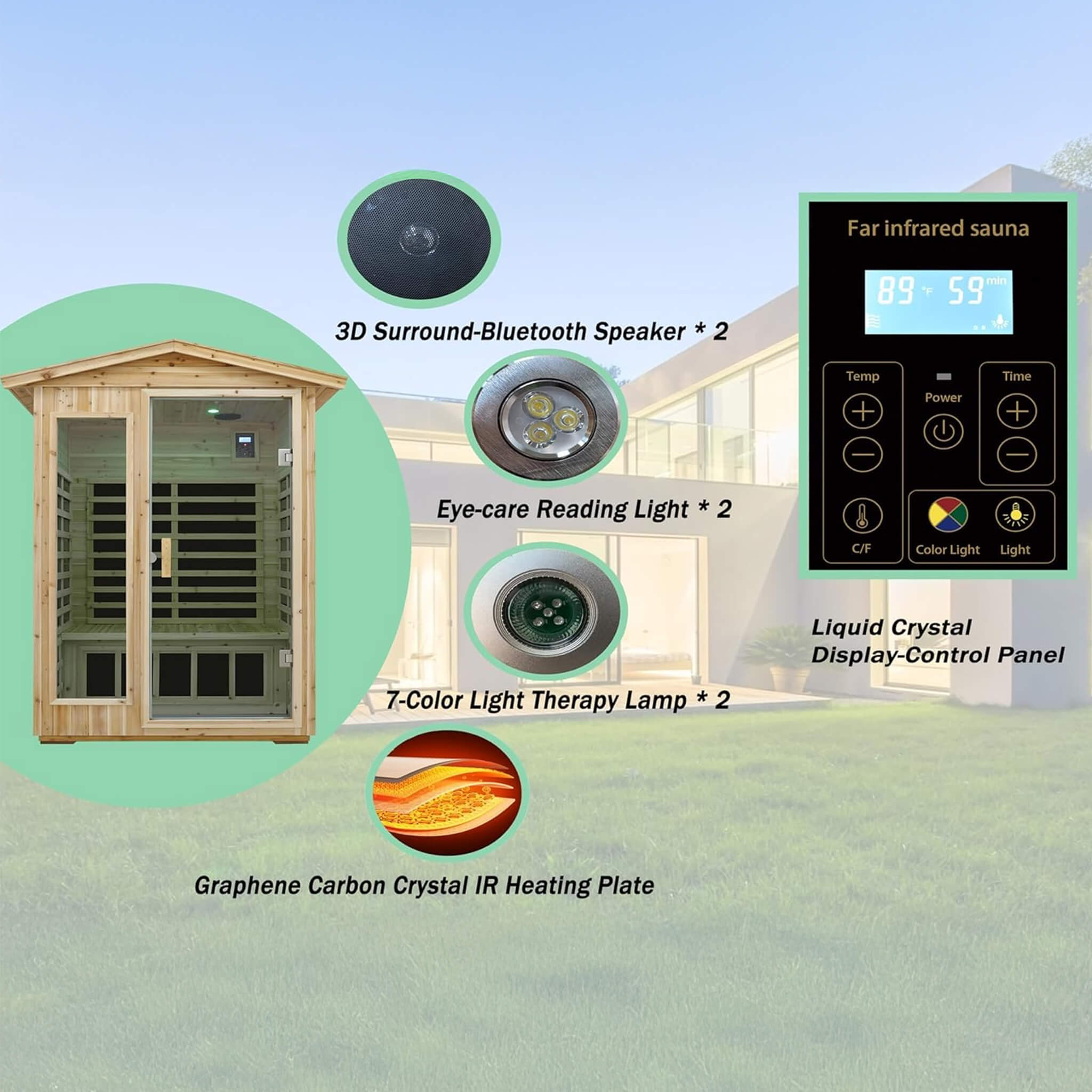 PremiumHemlock OutdoorInfrared SaunaDeluxe 2-Person Bluetooth Chromotherapy | SAKSBY WHOLESALE