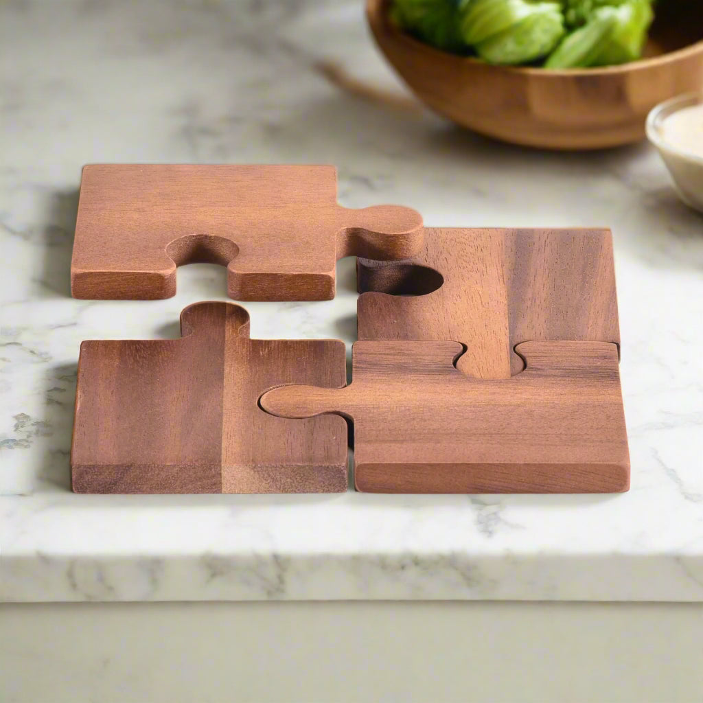 Acacia Wood Puzzle Coasters 4 Piece Set Durable Surface Protectors by Kalmar Home