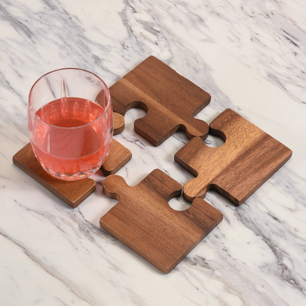 Acacia Wood Puzzle Coasters 4 Piece Set Durable Surface Protectors by Kalmar Home