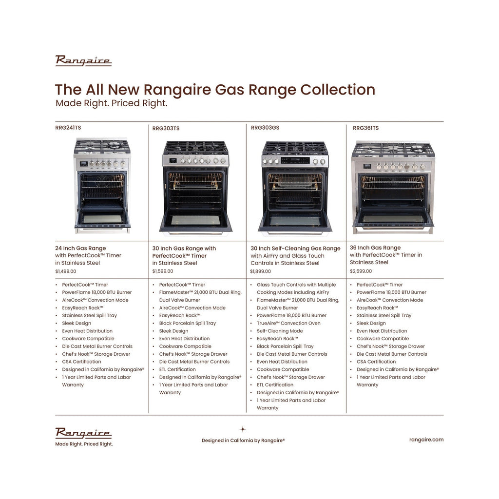 Rangaire 24" Gas Range Convection Oven Freestanding Stainless Steel RRG241TS by Rangaire Appliances