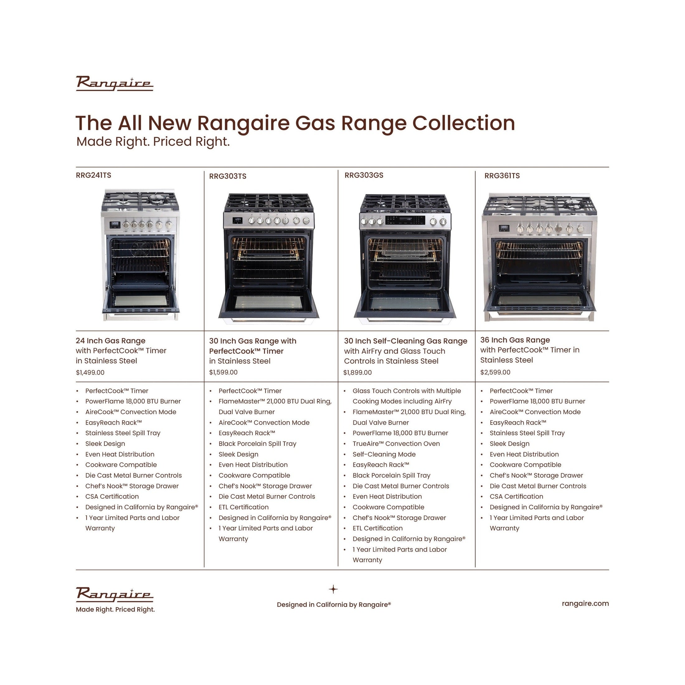 Rangaire 24" Gas Range Convection Oven Freestanding Stainless Steel RRG241TS by Rangaire Appliances