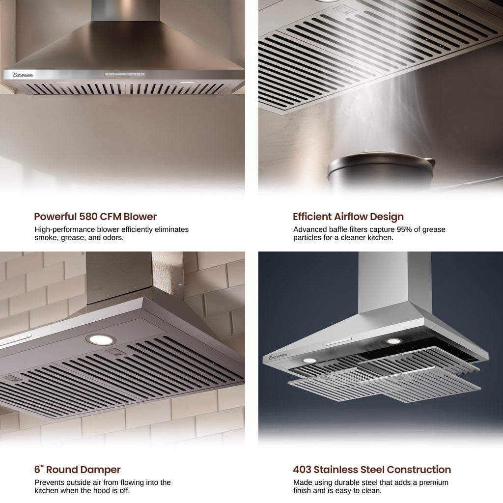 Rangaire 30" Wall-Mounted Range Hood 580 CFM Convertible Stainless Steel RHWMP30S by Rangaire Appliances