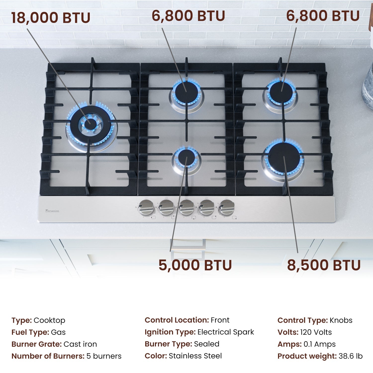 Rangaire 34" Gas Cooktop 5 Burners Stainless Steel RCG341S by Rangaire Appliances
