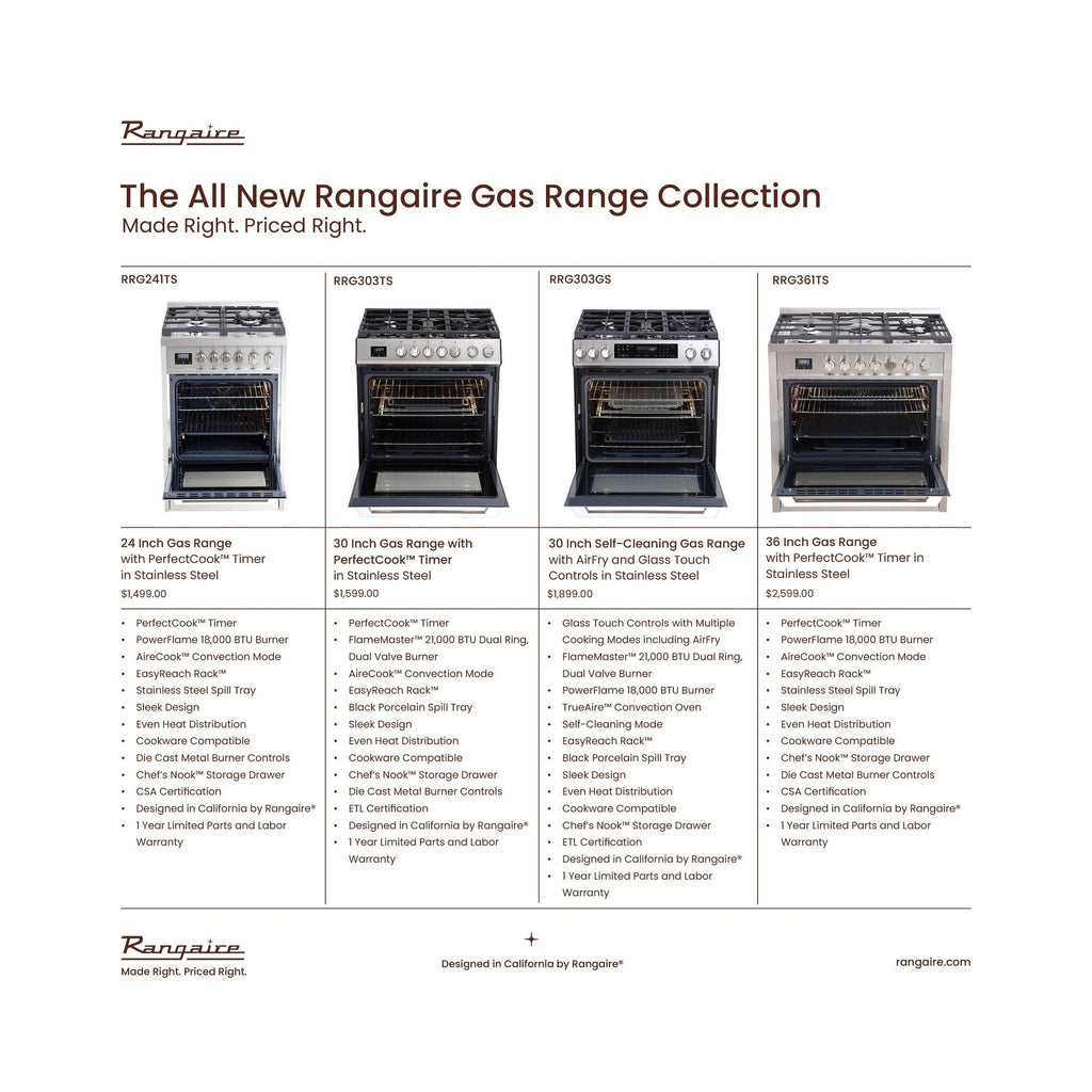 Rangaire 36" Gas Range Convection Oven Freestanding Stainless Steel RRG361TS by Rangaire Appliances